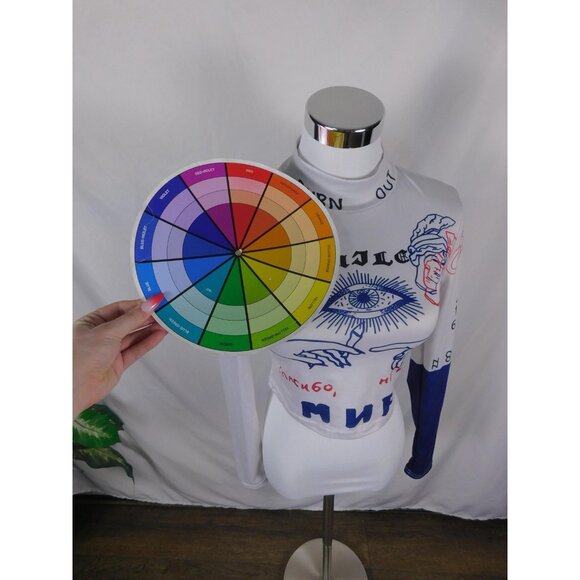 SHEIN Shirt Womens Medium White Blue Red Graphic Mock Neck Long Sleeve Crop - Picture 10 of 12